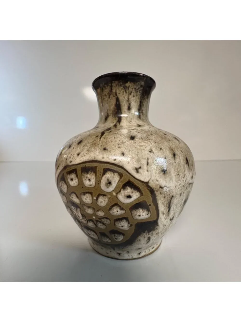 Japanese Ceramic Bud Vase Abstract Shell Design Speckled Glaze Vintage 4